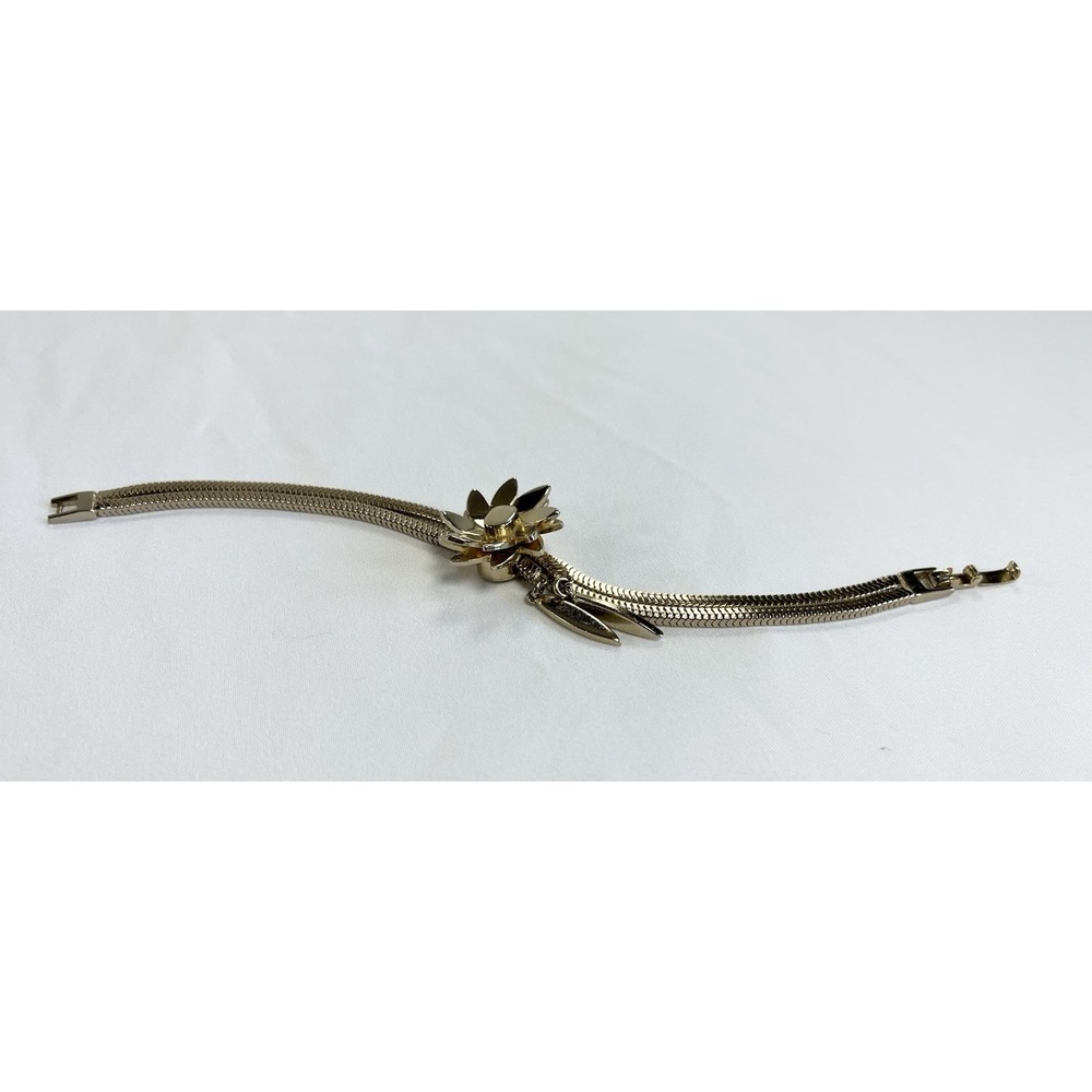 Vintage Monet 1957 Camelia Gold Tone Flower Slider Fringe Mesh Chain Bracelet